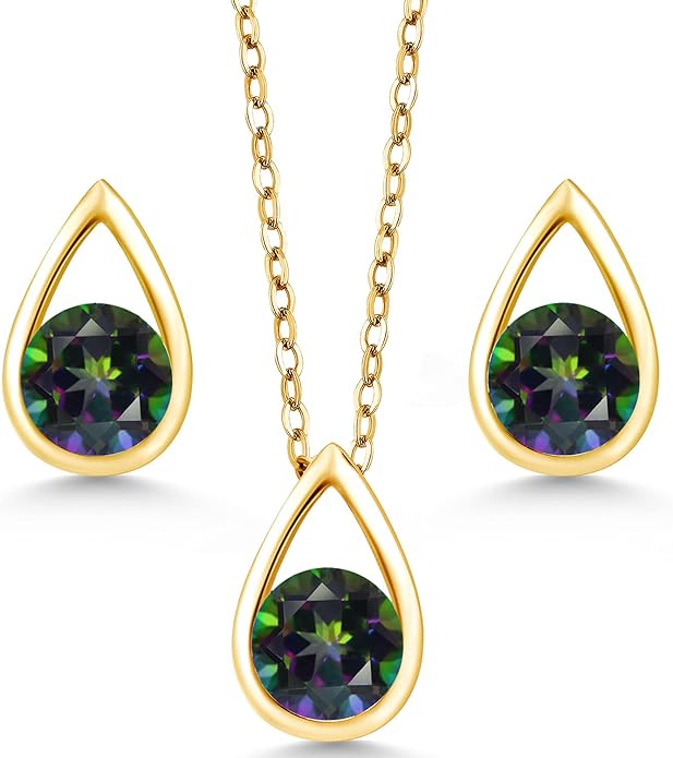Gem Stone King 18K Yellow Gold Plated Silver 5MM Round Gemstone Birthstone Teardrop Pendant Earrings Set | Jewelry Set for Women | With 18 Inch Chain