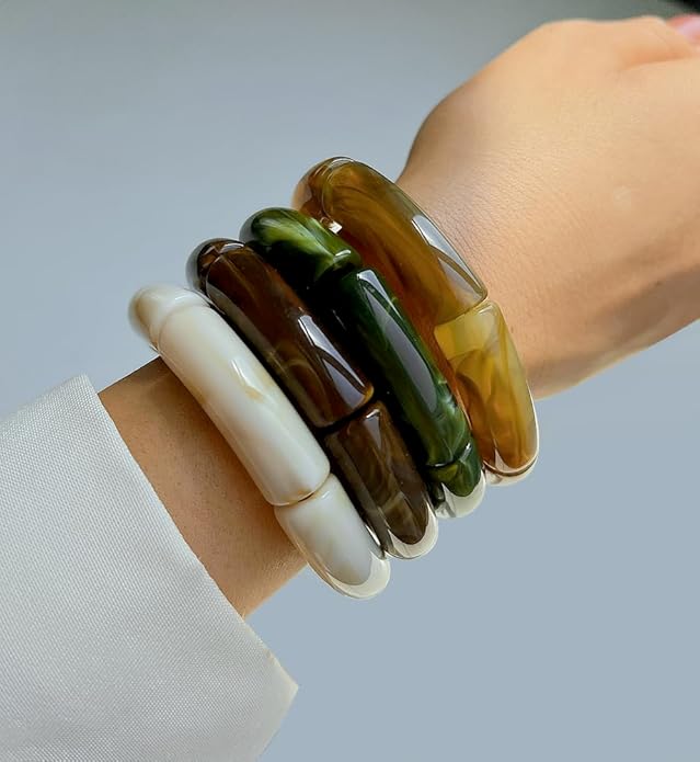 iF YOU 6pcs Chunky Acrylic Bangle Bracelets for Women, Resin Bamboo Brown Stretchy Bracelet Stack, Fashion Jewelry for Women