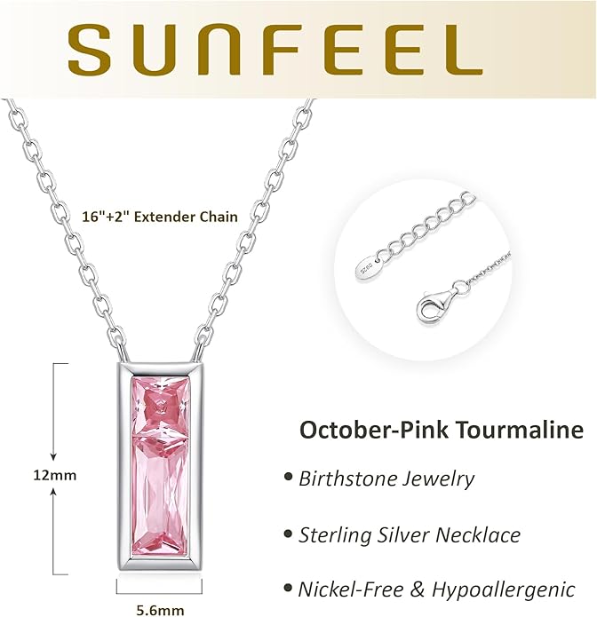 SUNFEEL Birthstone Necklace for Women, S925 Sterling Silver Necklaces with Square Cubic Zirconia Gemstone Necklace Women's Jewelry Anniversary Birthday Gifts for Women Mom Wife Her