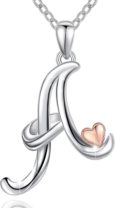 CELESTIA 925 Sterling Silver Initial Necklaces 26 Letter with Rose Gold Heart - 18 Inch Chain