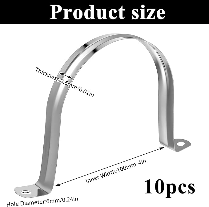 10PCS 4 Inch Stainless Steel U Bracket, M100 Pipe Strap Clamp, 2 Hole Hose - Image 2