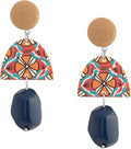 MINACHI Boho Chic Geometric Drop Earrings, Vibrant Multicolor Pattern with Navy Accent Beads & Glossy Studs, Jewelry Gift for Women