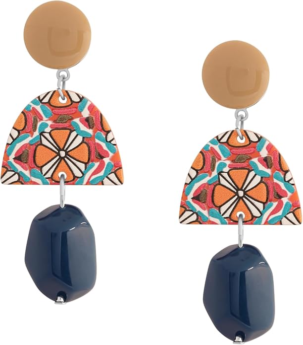 MINACHI Boho Chic Geometric Drop Earrings, Vibrant Multicolor Pattern with Navy Accent Beads & Glossy Studs, Jewelry Gift for Women