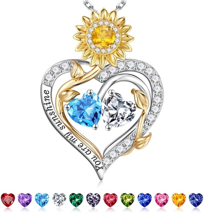 Iefil Valentines Day Gifts for Her - 925 Sterling Silver Sunflower Double Birthstone Necklace for Women, Anniversary Birthday Gifts for Wife, You Are My Sunshine Necklaces, Jewelry for Wife Mom