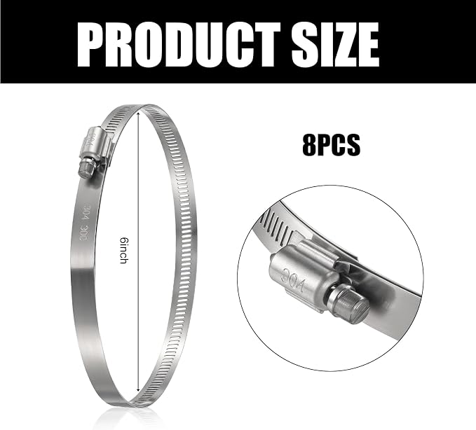 Boao Adjustable 304 Stainless Steel Duct Clamp Hose Clamp, 8 Pieces, 6 Inch - Image 2