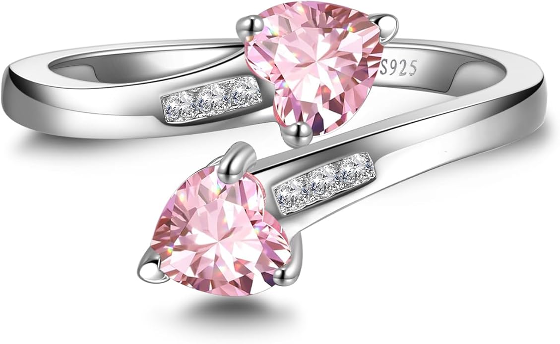 1CT Adjustable Women Heart Ring 925 Sterling Silver Birthstone Rings for Women Promise Ring for her Simulated Gemstone Statement Stackable Band Width 2mm Open Size 5~9