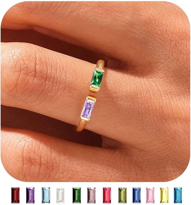WFYOU Gold Birthstone Rings for Women - Non Tarnish Dainty 14K Gold Plated Stackable CZ Rings for Her & Couples - Personalized Jewelry Gift for Birthday