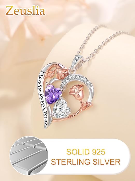 Valentine's Day Gifts for Wife 925 Sterling Silver Double Birthstone Pendant Necklaces I Love You for Always and Forever Necklace Anniversary Birthday Gifts for Wife Girlfriend Mom Her