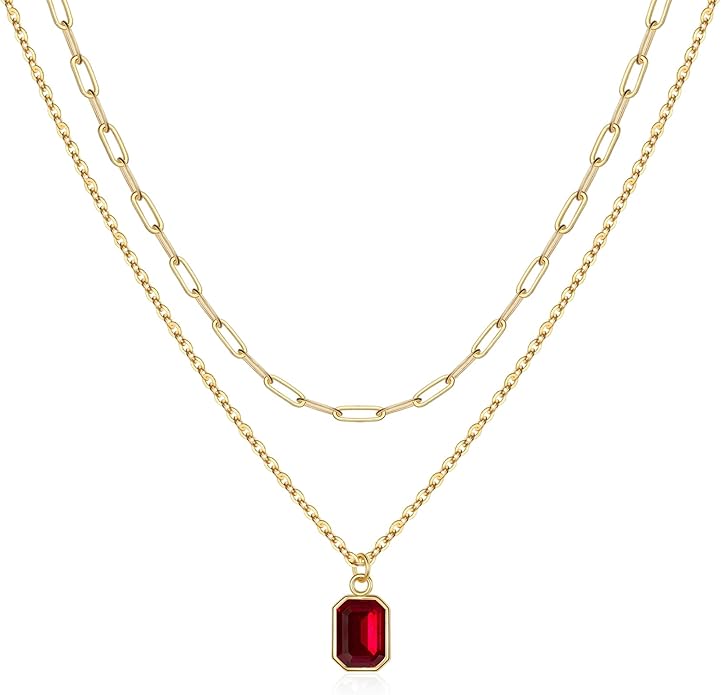 Layered Birthstone Necklace for Women Girls, 14K Gold-Plated Paperclip Chain Choker Necklace with Rectangle Birthstone Pendant Birthday Gifts for Women Girls Dainty Small