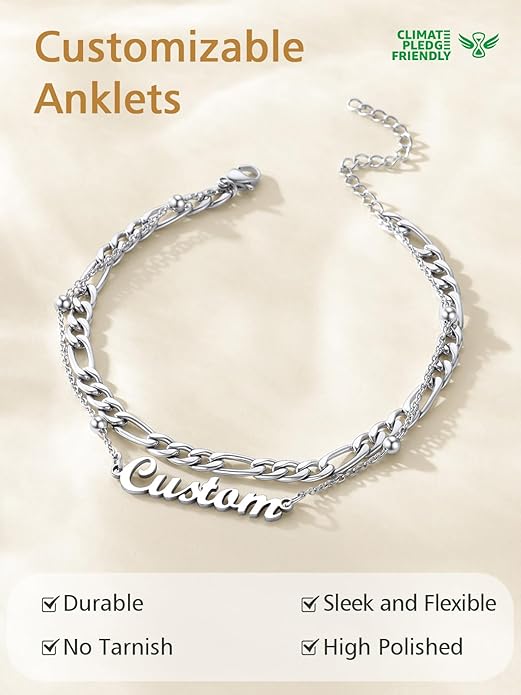 FindChic Custom Ankle Bracelets for Women, Stainless Steel Figaro/Cuban/Wheat/Rope/Herringbone Chain Anklets, Beach Foot Jewelry 8.5''-10.5'' Adjustable & Waterproof, with Gift Box