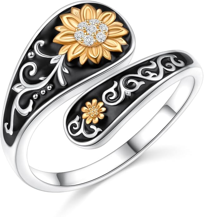 FLYOW Sterling Silver Sunflower Spoon Ring Victorian Style Boho Antique Flower Adjustable Open Ring Retro Statement Cubic Zirconial/Turquoise/Oxidized Thumb Rings for Women Birthday Christmas Jewelry