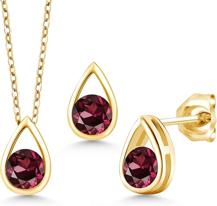 Gem Stone King 18K Yellow Gold Plated Silver 5MM Round Gemstone Birthstone Teardrop Pendant Earrings Set | Jewelry Set for Women | With 18 Inch Chain