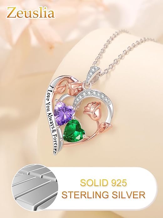 Valentine's Day Gifts for Wife 925 Sterling Silver Double Birthstone Pendant Necklaces I Love You for Always and Forever Necklace Anniversary Birthday Gifts for Wife Girlfriend Mom Her