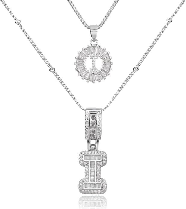Initial Letter Necklace for Women 14k White Gold Silver Plated Dainty Necklaces Trendy Chunky Custom Layered Necklace Set Personalized Round Circle Zirconia A-Z Letter Chain Pendant Jewelry Gift