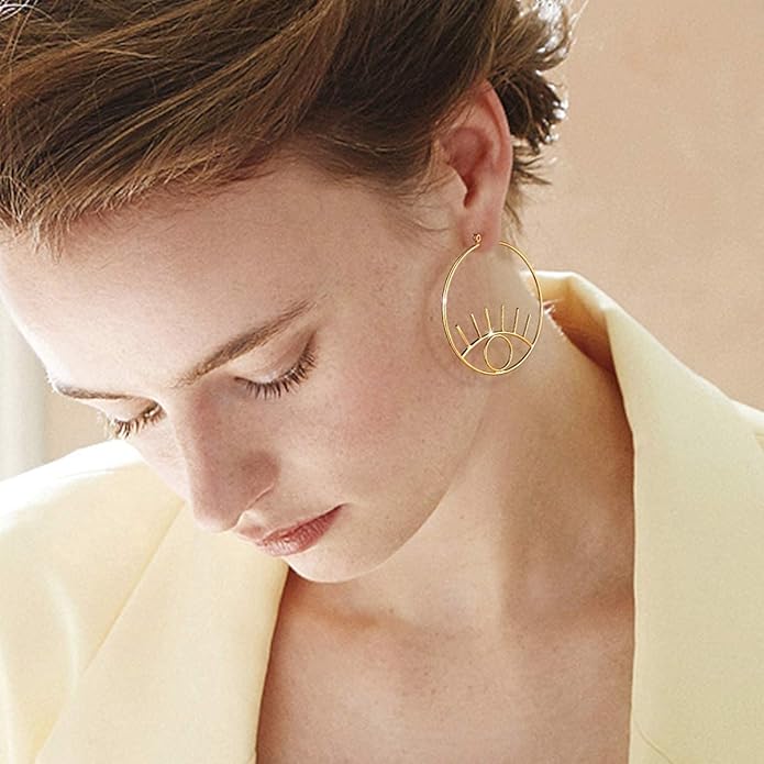 FOCALOOK Gold Eye Earrings for Women 14K Gold Plated Dangle Abstract Evil Eye Hoop Earrings