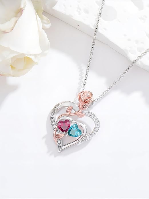 Rose Flower Heart Pendant for Women Birthday Gifts 18k Gold Plated Mother Daughter Necklace with 12 Months Birthstone Christmas Valentines Day Gifts for Her Mom Anniversarry Jewelry for Mom Wife Girlfriend