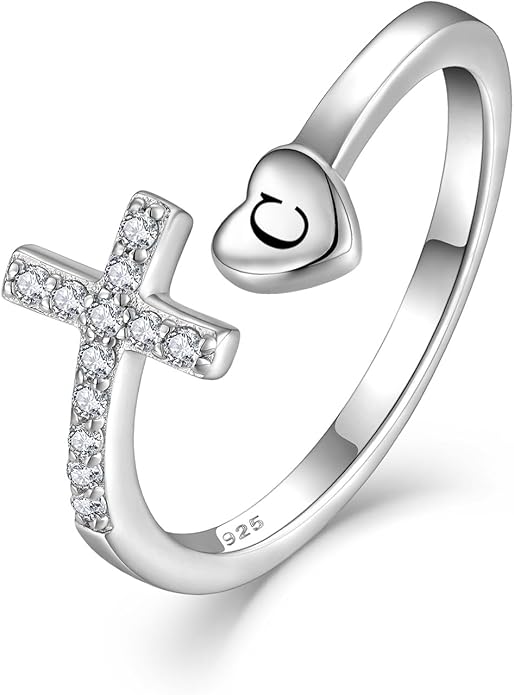 STARCHENIE Cross Initial Ring for Women 925 Sterling Silver Letters A-Z 26 Alphabet Adjustable Ring Size 7