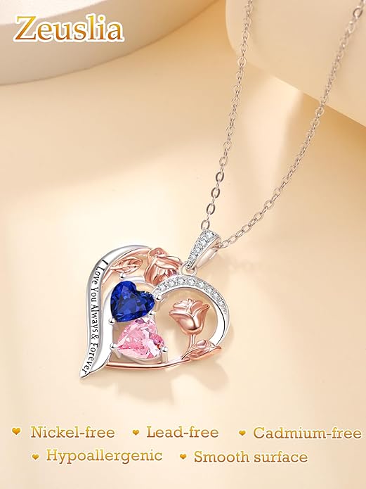 Valentine's Day Gifts for Wife 925 Sterling Silver Double Birthstone Pendant Necklaces I Love You for Always and Forever Necklace Anniversary Birthday Gifts for Wife Girlfriend Mom Her