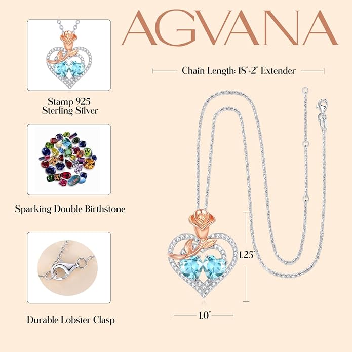 AGVANA Valentines Day Gifts Birthstone Necklace for Women Sterling Silver Rose Flower Heart Double Birthstone Jewelry Pendant Necklace Anniversary Birthday Gifts for Women Mom Wife Girlfriend Her