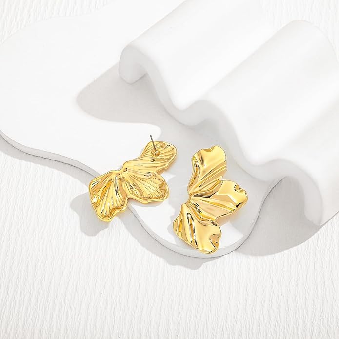 Chunky Gold Statement Earrings For Women Gold Plated Sectored Flower Leaf Shell Angel Wing Earrings Trendy Boho Jewelry For Women Large Stud Earrings Hypoallergenic Earrings