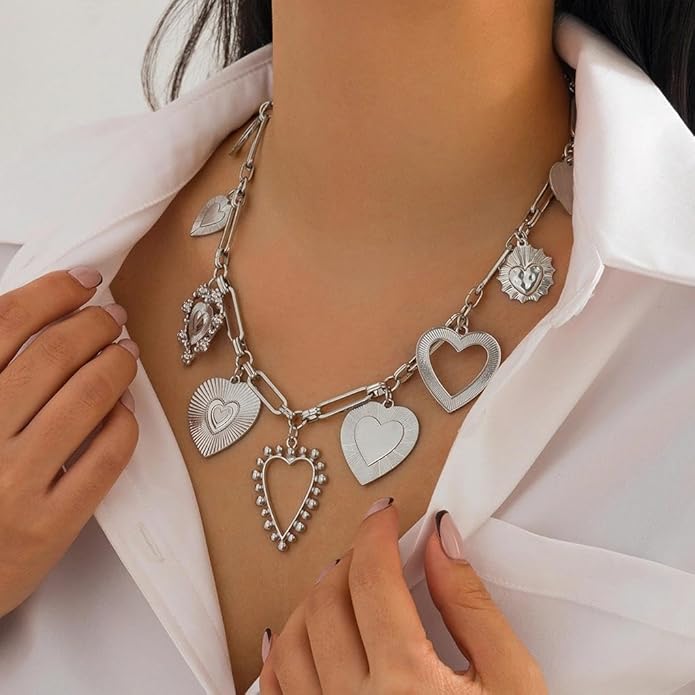 Chunky Gold Heart Necklace for Women,Y2K Big Heart Statement Necklace Long Puffy Hearts Chain Charm Necklaces Trendy Jewerly