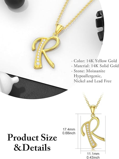 14k Gold Initial Necklace for Women, Solid Gold Moissanite Letter Pendant Necklaces Jewelry for Her Birthday Valentines Day Gifts for Mom Wife Christmas Gifts for Girlfriend Sister