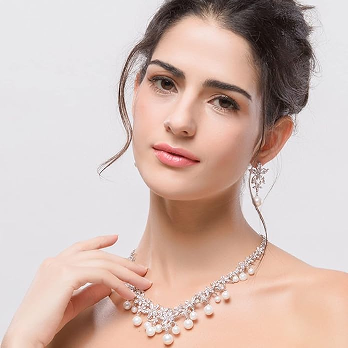 Women's Bridal Jewelry Set, 14K Gold Freshwater Pearl & Crystal, Choker Necklace & Drop Earrings, Elegant Wedding Fashion Ensemble
