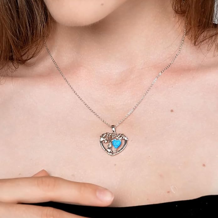 Tree of Life Necklaces for Women 925 Sterling Silver Heart Pendant Birthstone Necklace Created Gemstone Jewelry for Her, 18"+2"