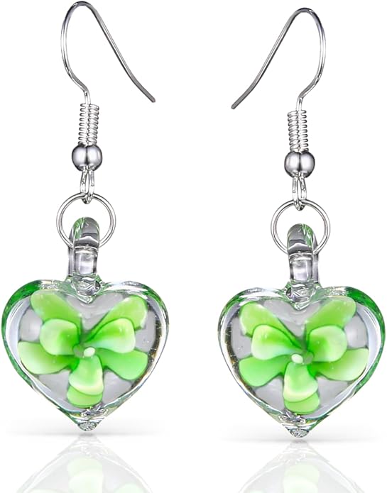 Murano Inspired Glass Hearts and Flowers Hypoallergenic Earrings with stainless steel French ear hooks