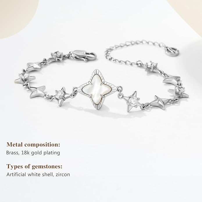 Cicy Bell Womens 18k Gold Plated White Shell Cubic Zirconia Square Cross Adjustable Chain Link Bracelets 6.69" with 2" Extender