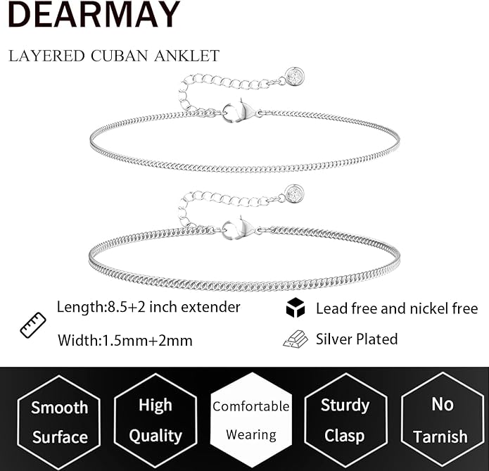 DEARMAY Dainty 14K Gold Plated Ankle Bracelets for Women, Waterproof 14K Gold Plated Link Chain Anklets Non Tarnish Set Pack Summer Beach Jewelry Gift
