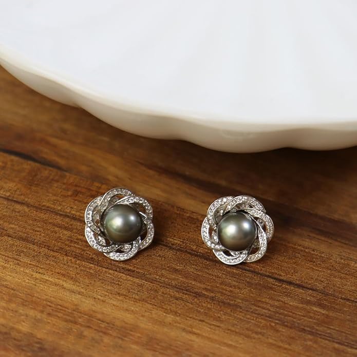 Gifts for Women- Tahitian Black-Pearl-Earrings-Gift for Wife Wedding Birthday Anniversary-Mom Her Mothers Day Valentines Day Christmas-18K Gold Plated Sterling Silver Pearl Earring Fine Jewelry