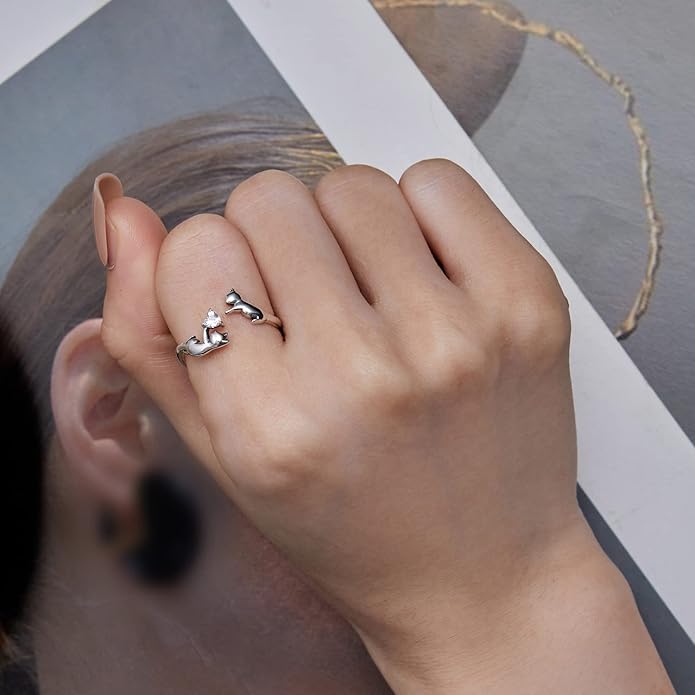 WOSTU Animal Open Adjustable Ring Playful Cat Dachshund Snake Koi Fish Hummingbird Bat Heart Feather Stacking Ring for Women, Sterling Silver Plated Pet Memorial Jewelry Gift for Cat Lovers