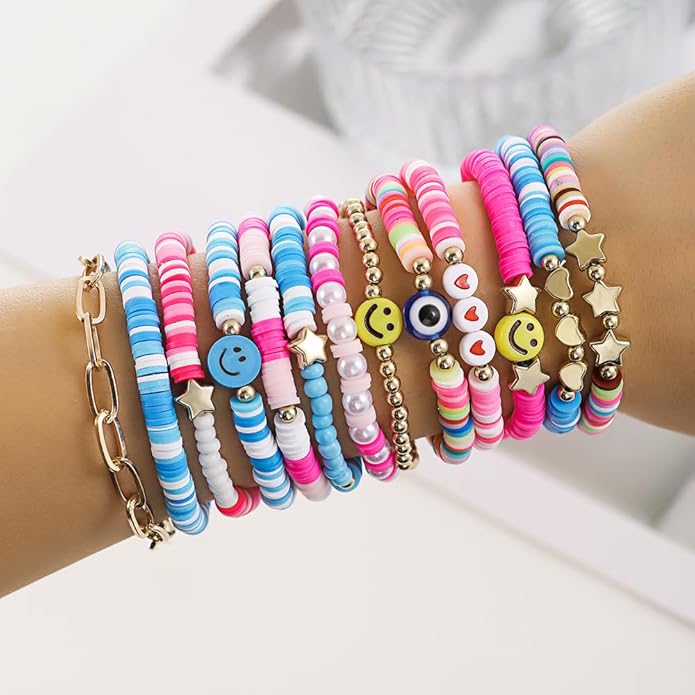 Friendship Bracelets Boho Stackable Bracelets for Women Surfer Heishi Clay Bead Bracelets Stretch Preppy Bracelets Colorful Boho Bracelets for Women