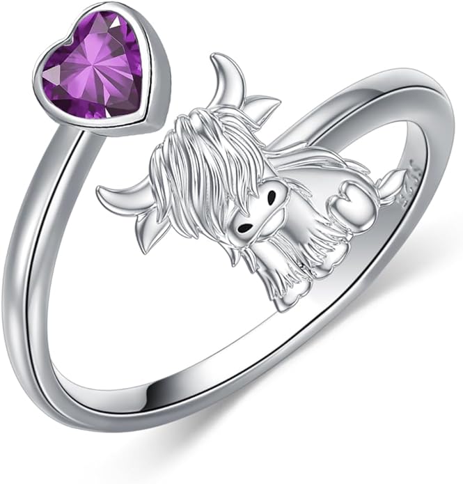 Highland Cow Ring 925 Sterling Silver Adjustable Ring Birthstone Ring Engraved Name Highland Cow Gifts Jewelry for Women