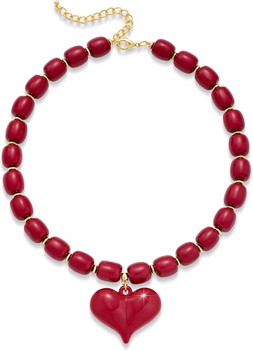 Large Acrylic Heart Necklaces for Women Chunky Puffy Heart Pendant Necklace Exaggerated Statement Love Beaded Choker Necklace Jewelry