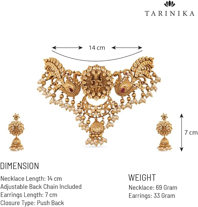TARINIKA Brass Indian Choker Necklace Set - Gold Plated Cubic Zirconia Indian Jewelry Sets for Women Dangle, Drop, Jhumka Earrings Traditional Desi Necklace Pearls Gift for her