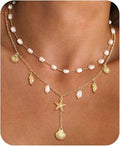 Shell Charm Necklace For Women Stack Seashell Pearl Dainty Starfish Beach Layered 14k Gold Plated Pendant Summer Boho Jewelry Gifts