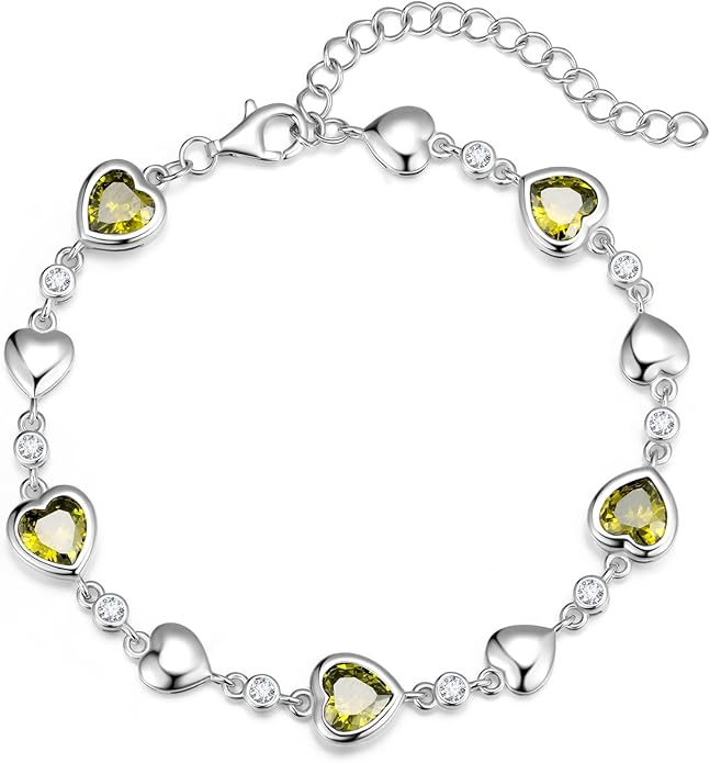 Carleen Birthstone Bracelets for Women 925 Sterling Silver Five Heart Station Created Gemstone Tennis Bracelet Jewelry Anniversary Birthday for Wife, 7"+1.2" Extender