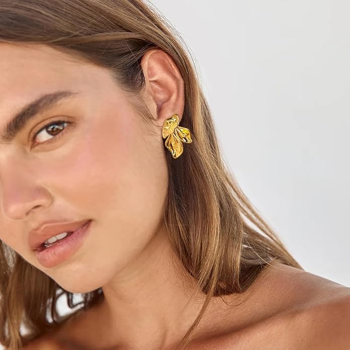 Chunky Gold Statement Earrings For Women Gold Plated Sectored Flower Leaf Shell Angel Wing Earrings Trendy Boho Jewelry For Women Large Stud Earrings Hypoallergenic Earrings