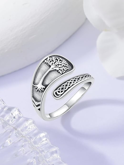 Midari Sun and Moon/Bee/Celtic/Life of Tree/Lotus Spoon Ring for Women 925 Sterling Silver Adjustable Ring Open Ring for Women Men Halloween Birthday Gift