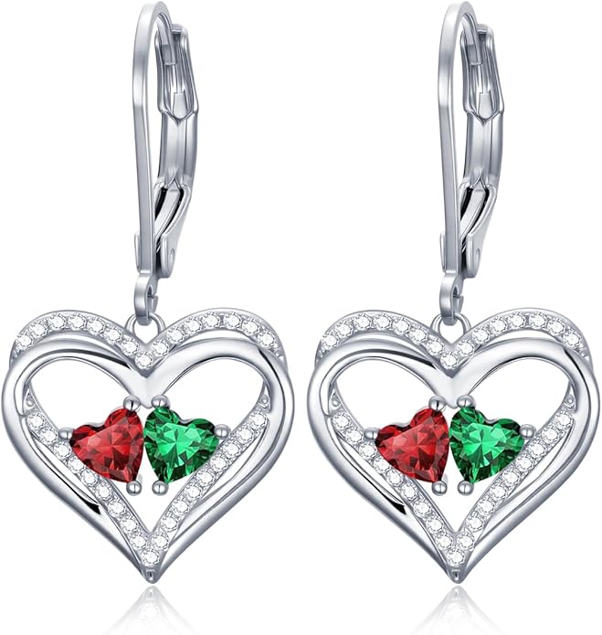 Valentines Day Gifts for Women, Heart Leverback Earrings Double Birthstone Dangle Earrings for Women, Love Jewelry for Her, Anniversary Birthday Gift for Mom Wife Girlfriend