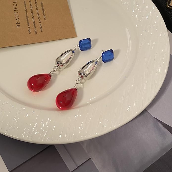 Colorful Statement Drop Earrings with Blue Square, Silver Bead and Red Teardrop Dangle, Bold Geometric Fashion Jewelry for Women