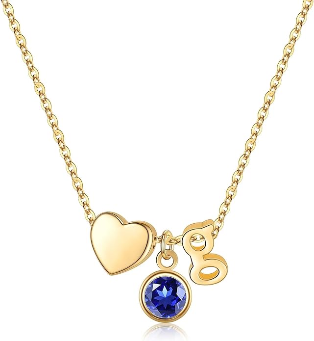 Ursilver Initial Birthstone Necklace for Women - Heart Initial Birthstone Pendant Necklace Personalized Gifts Birthday Gifts for Women