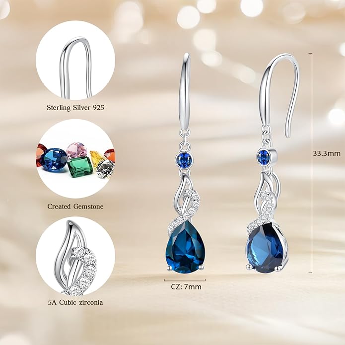 FANCIME Teardrop Dangle Drop Earrings 925 Sterling Silver Pear Gemstone Birthstone Earring Fine Jewelry Birthday Gifts for Women