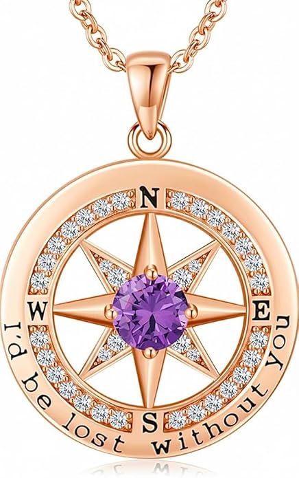 Compass Necklace for Women Wife Girlfriend Mom Daughter Gifts S925 Sterling Silver Jewelry For Anniversary Rose Gold Gifts For Birthday Christmas Mothers Valentines Day 12 Birthstones