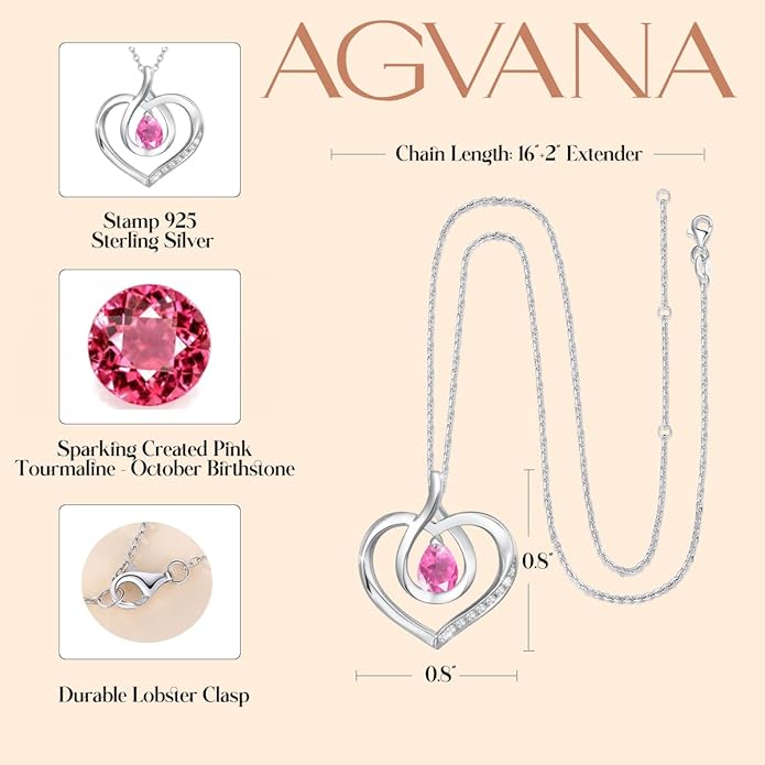 AGVANA Valentines Day Gifts Heart Birthstone Necklace for Women Sterling Silver Genuine or Created Gemstone Forever Love Pendant Necklace Fine Jewelry Anniversary Birthday Gifts for Women Mom Wife