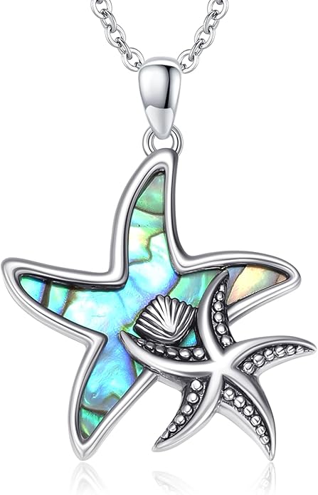 Cuoka Starfish Necklace 925 Sterling Silver Abalone Double Seashell Ocean Sea Beach Star Pendant Necklaces Ocean Jewelry for Women Bestfriend Summer Holiday Graduate Gift