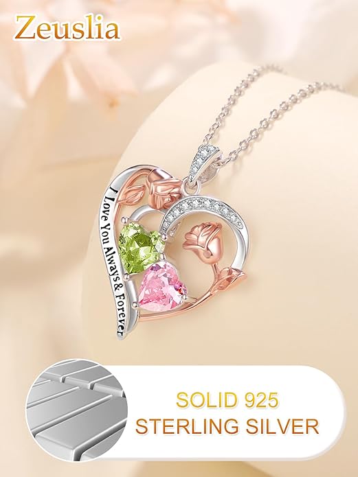 Valentine's Day Gifts for Wife 925 Sterling Silver Double Birthstone Pendant Necklaces I Love You for Always and Forever Necklace Anniversary Birthday Gifts for Wife Girlfriend Mom Her