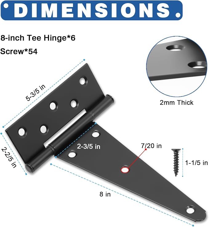 8 Inch T-Strap Gate Hinges, Heavy Duty Black Barn Door Hinges, 6 Pack | T-Strap - Image 2